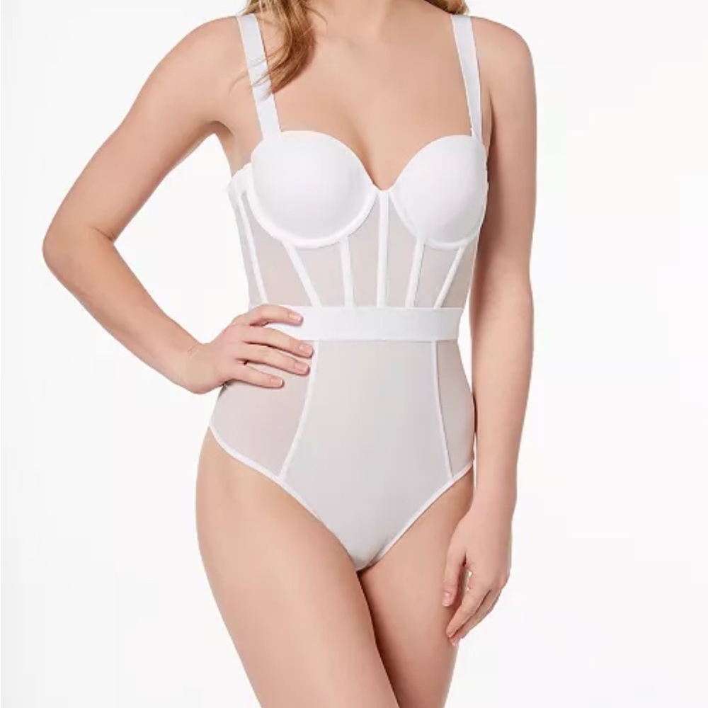 DKNY Sheer Strapless Mesh-Panel Thong Bodysuit
